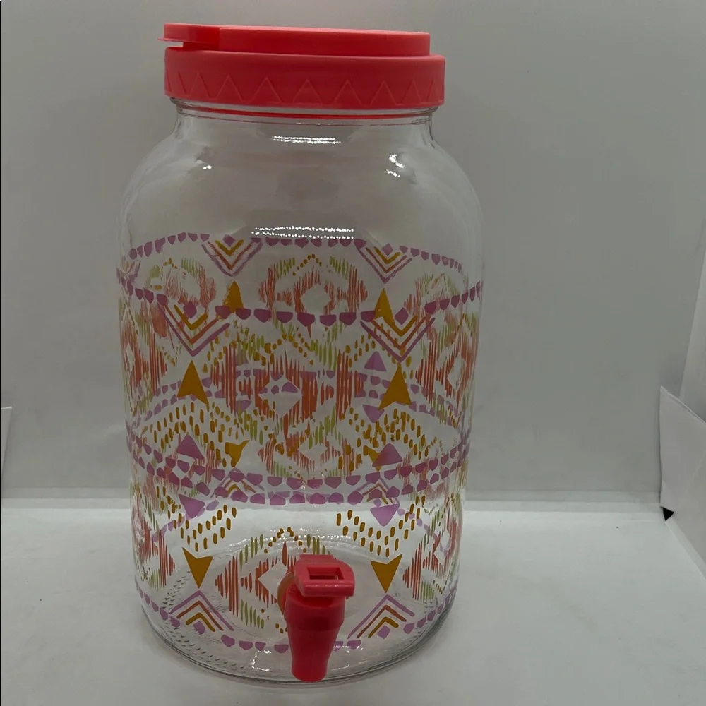 Vintage Colorful Glass Gallon Dispenser Sun Tea Jar:Rosy Geometric Design